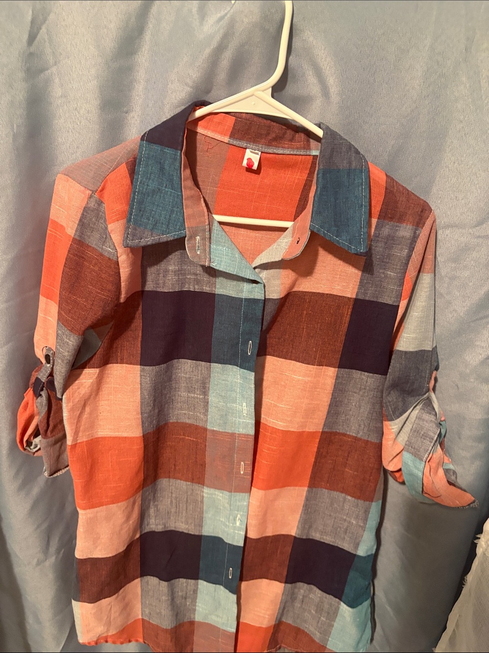 SHEIN Orange, Blue & Navy Plaid Button-Down Shirt